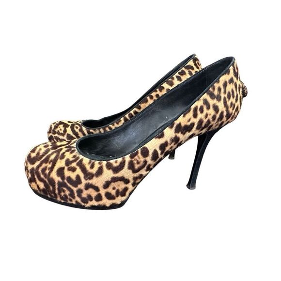 Saint Laurent Paris Beige/Brown Leopard Print Pony Hair Tribtoo Platform Pumps S - Picture 1 of 7